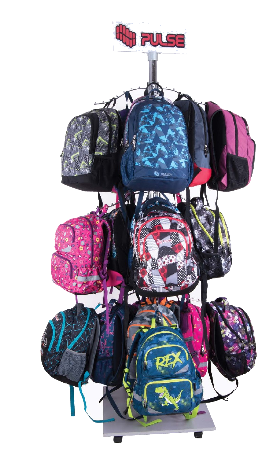 PULSE backpack retail stand — compact footprint
