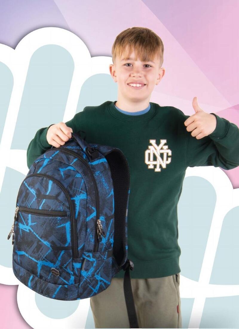 Boy holding the PULSE Drip Blue Strike backpack