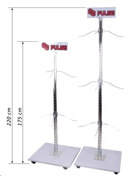 PULSE backpack retail stand — two display heights